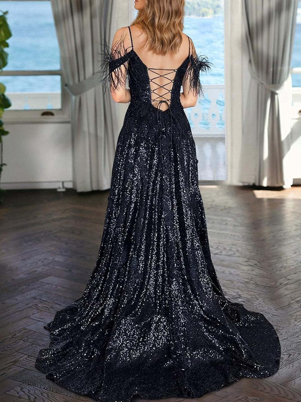 V-Neck Sleeveless A-Line Princess Floor-length Evening Dresses with Sequins and Pearls