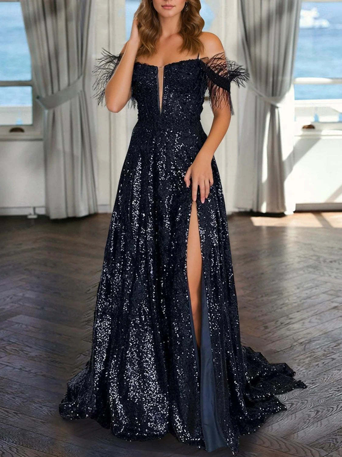 V-Neck Sleeveless A-Line Princess Floor-length Evening Dresses with Sequins and Pearls