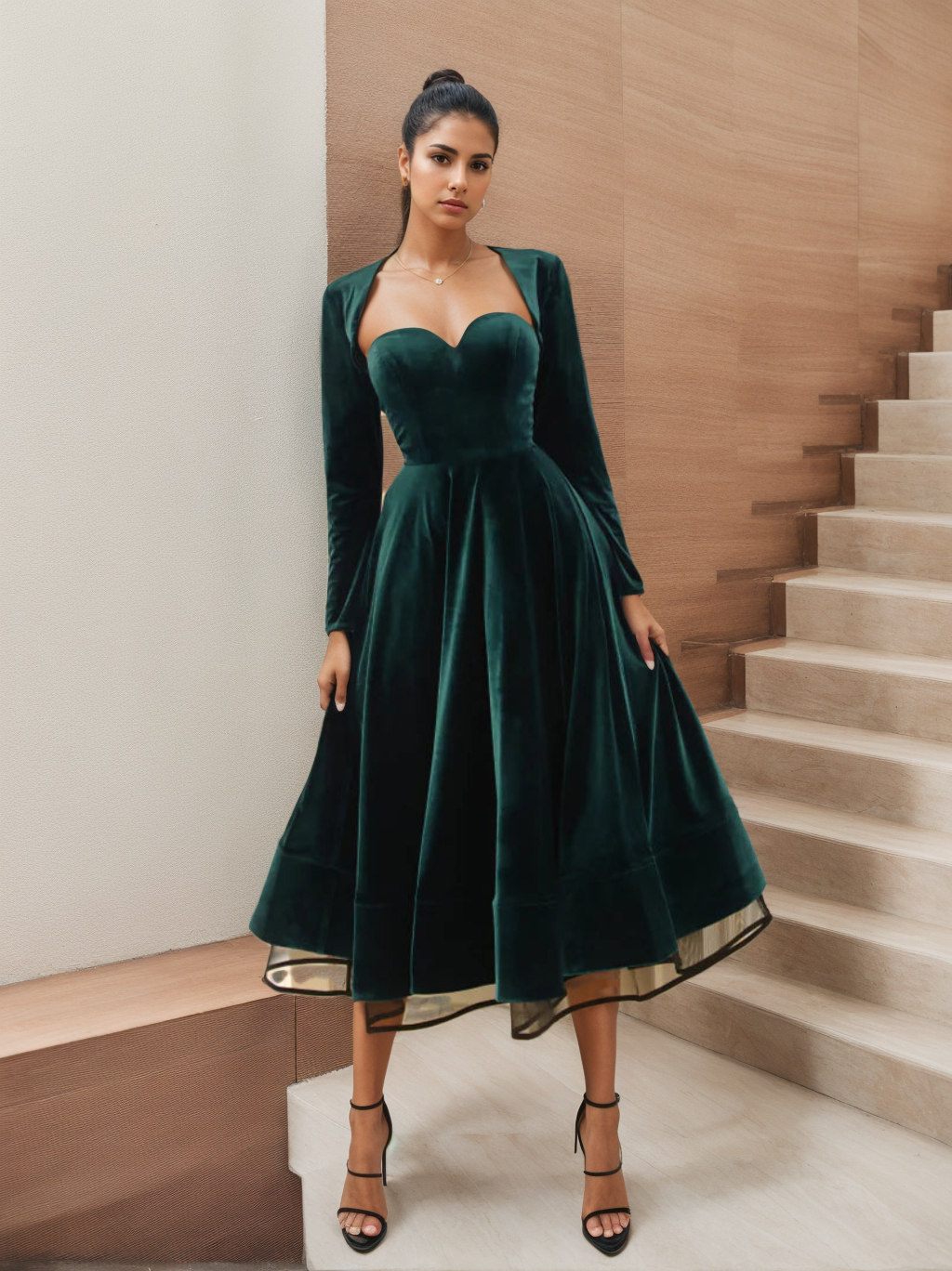 Velvet Tea-Length Cocktail Dress with Jacket in A-Line and Sweetheart Princess Styles