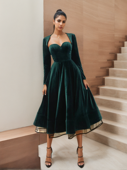 Velvet Tea-Length Cocktail Dress with Jacket in A-Line and Sweetheart Princess Styles