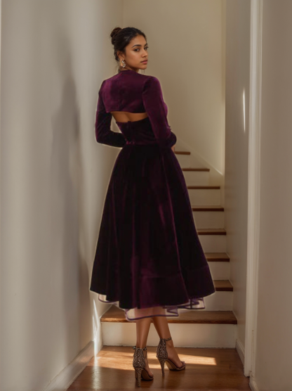Velvet Tea-Length Cocktail Dress with Jacket in A-Line and Sweetheart Princess Styles