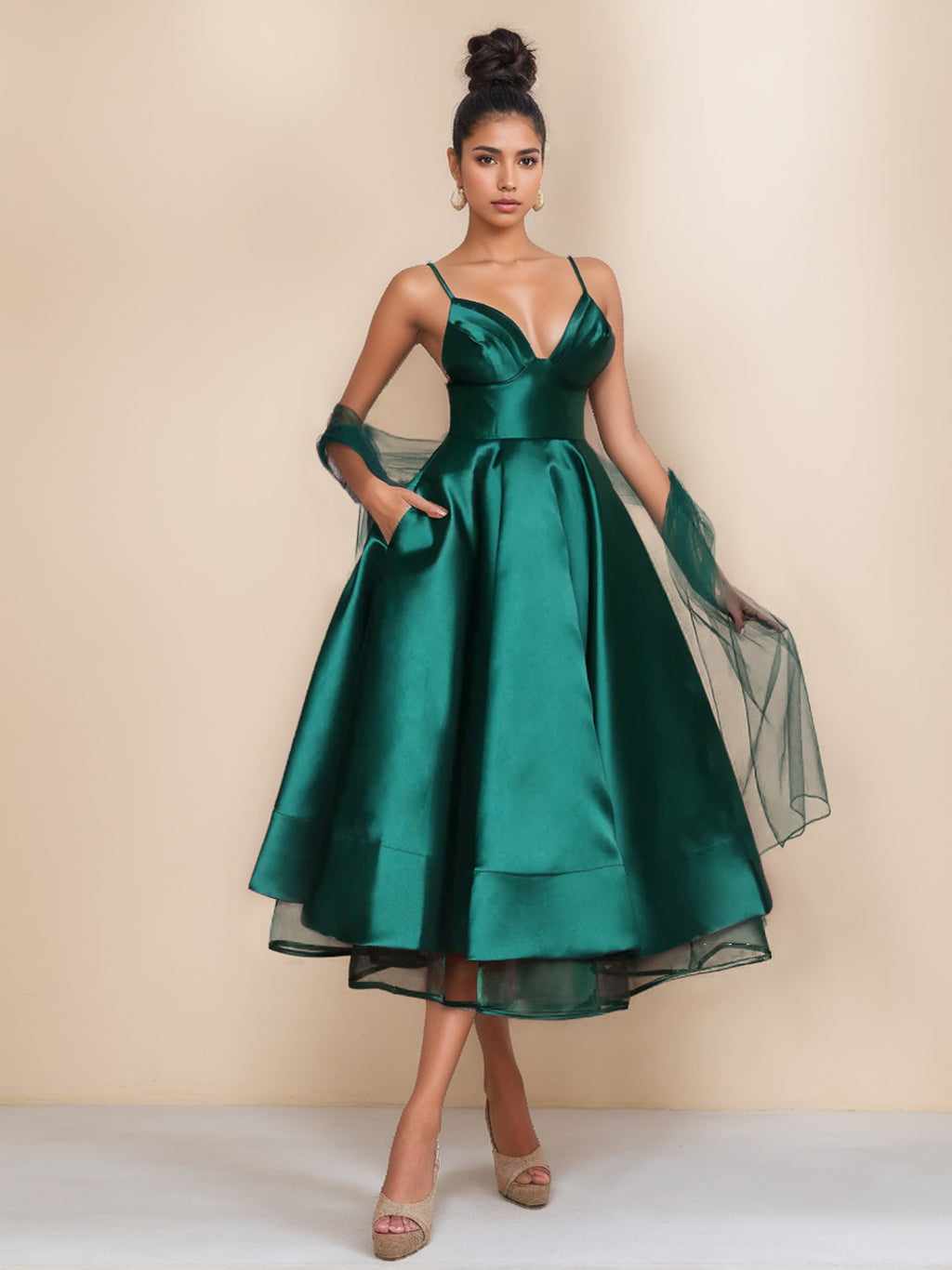 Spaghetti Strap Sleeveless A-Line Princess Tea-Length Cocktail Dress With Wrap