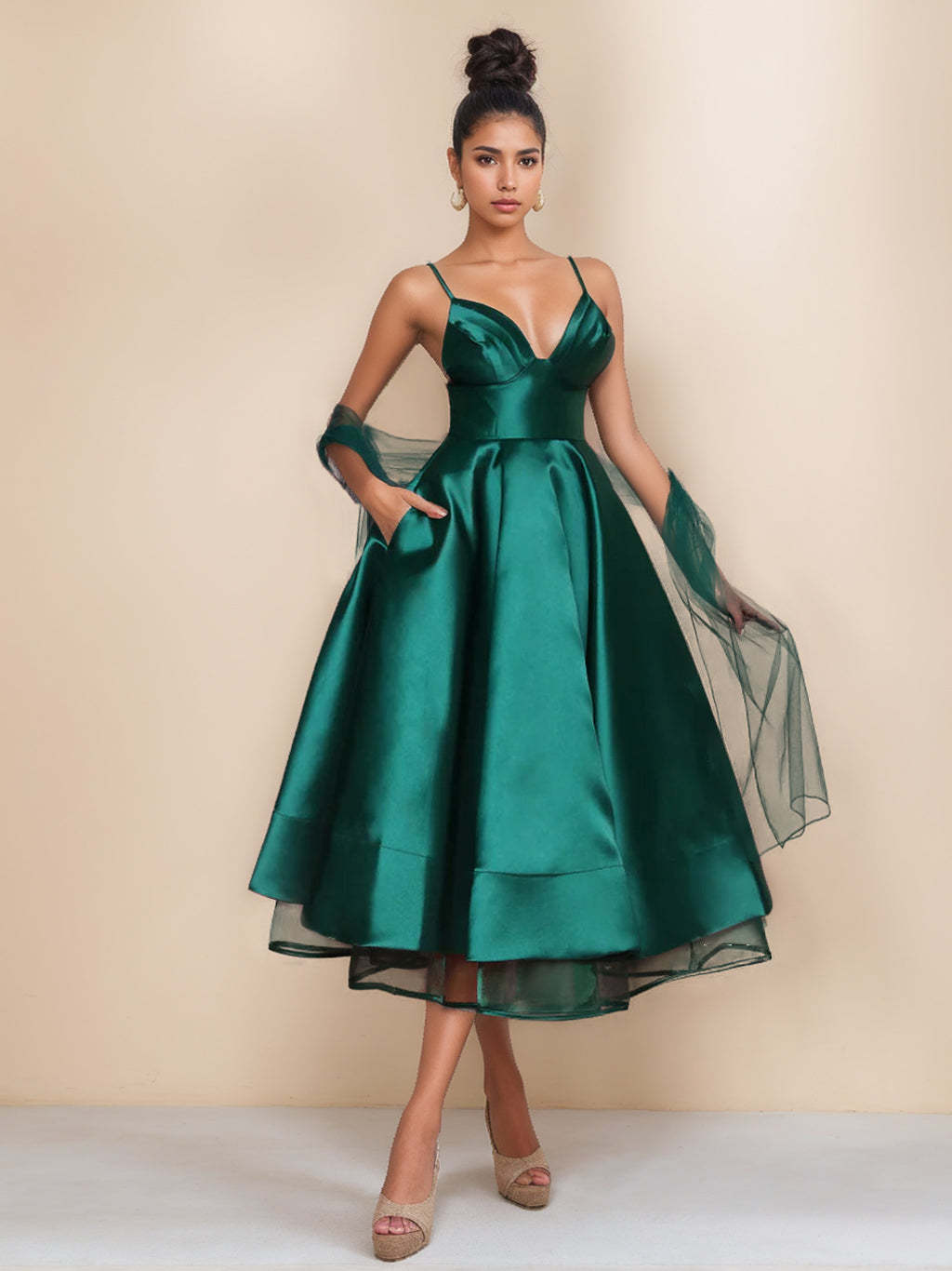 Spaghetti Strap Sleeveless A-Line Princess Tea-Length Cocktail Dress With Wrap