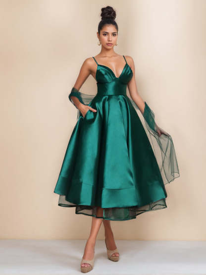 Spaghetti Strap Sleeveless A-Line Princess Tea-Length Cocktail Dress With Wrap