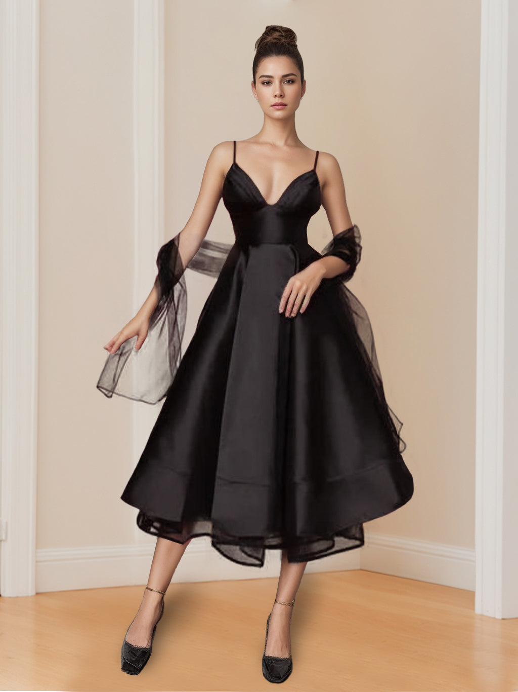 Spaghetti Strap Sleeveless A-Line Princess Tea-Length Cocktail Dress With Wrap