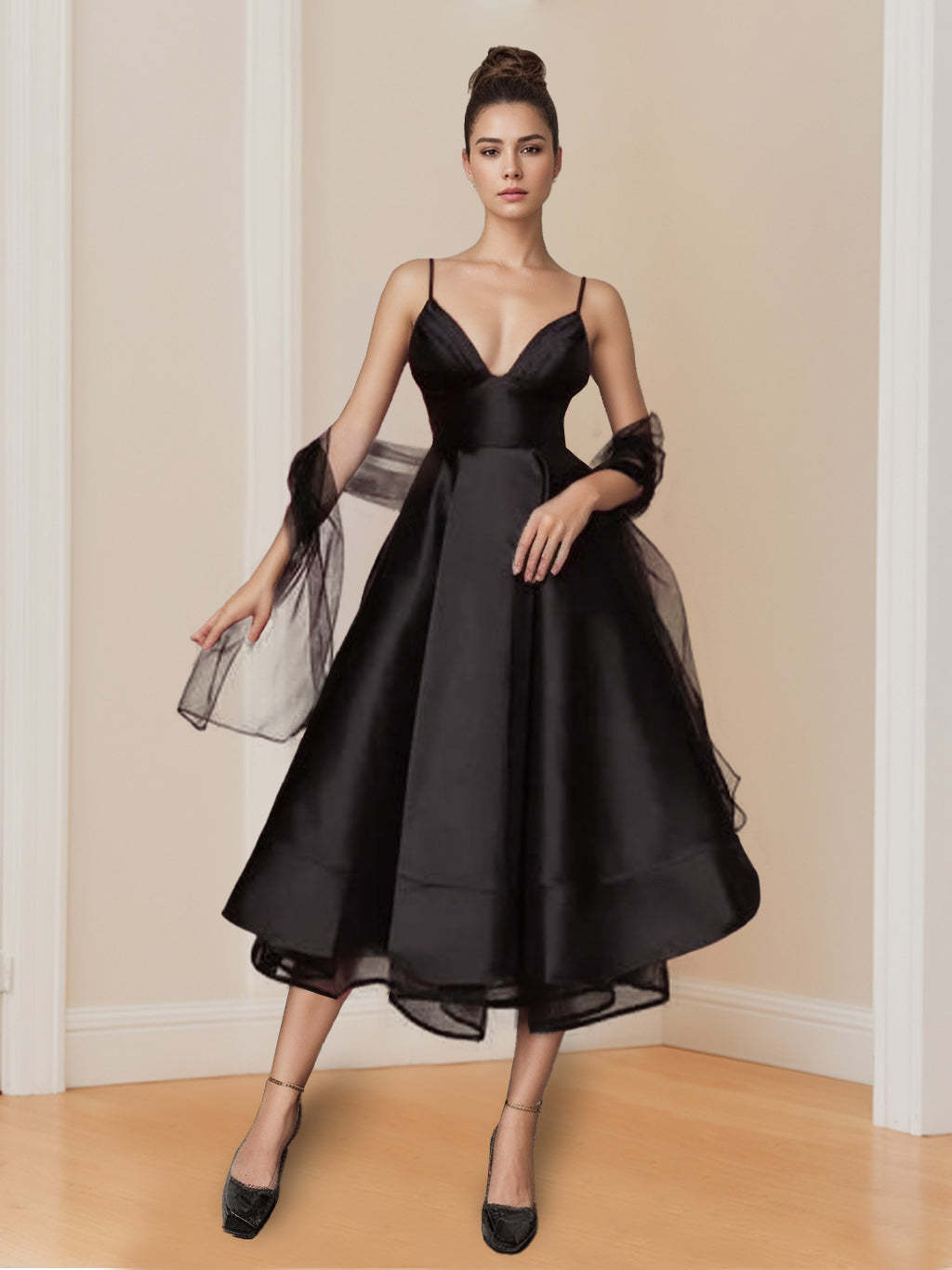 Spaghetti Strap Sleeveless A-Line Princess Tea-Length Cocktail Dress With Wrap