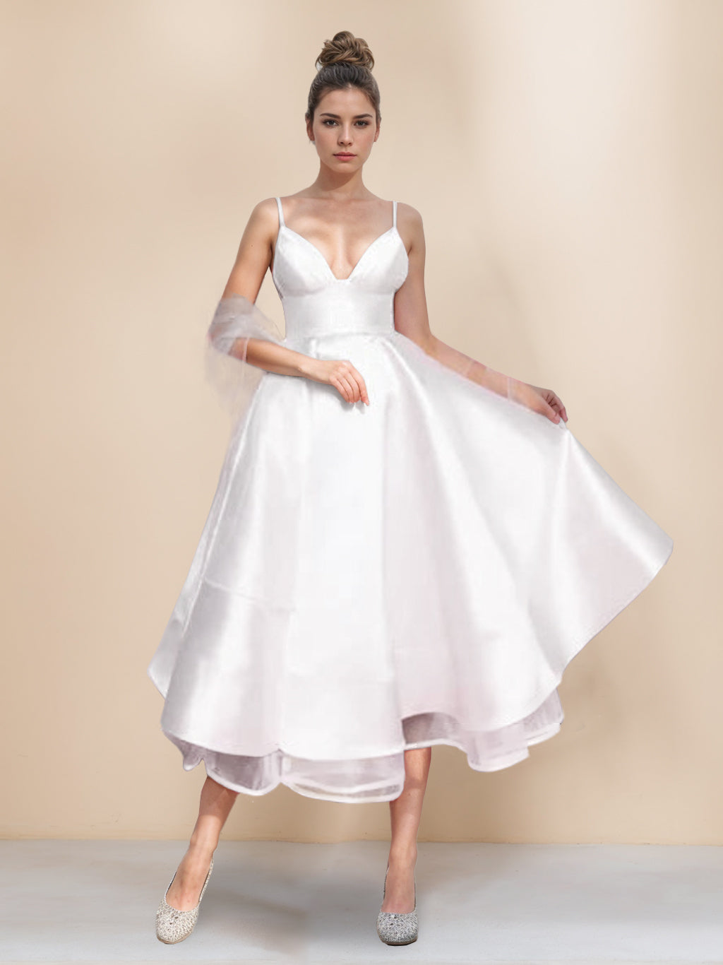 Spaghetti Strap Sleeveless A-Line Princess Tea-Length Cocktail Dress With Wrap
