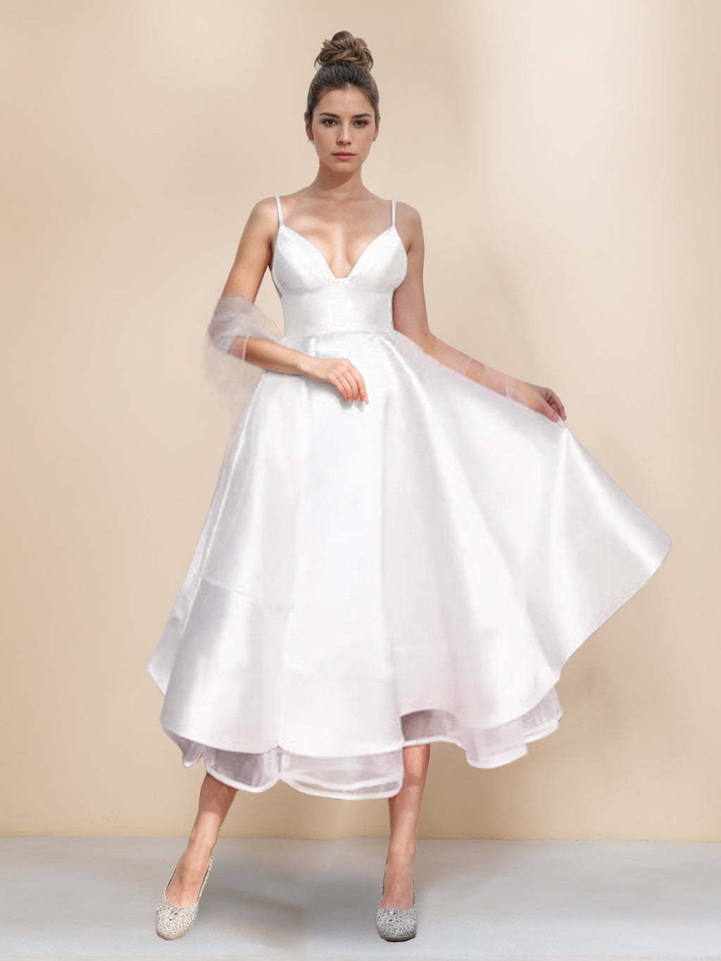 Spaghetti Strap Sleeveless A-Line Princess Tea-Length Cocktail Dress With Wrap