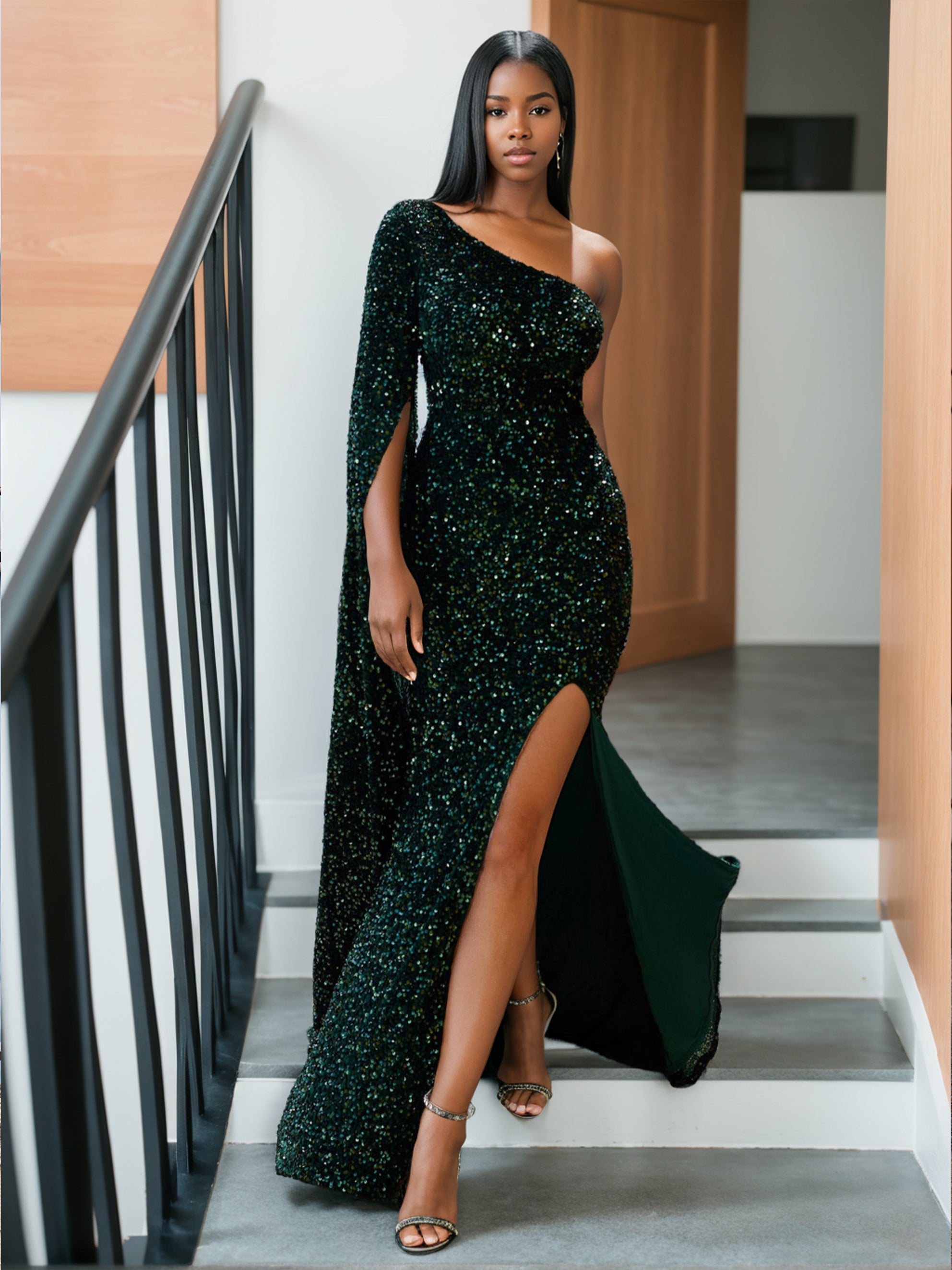 One-Shoulder Floor-length Mermaid/Trumpet Prom Gown with Side Slit & Watteau Train