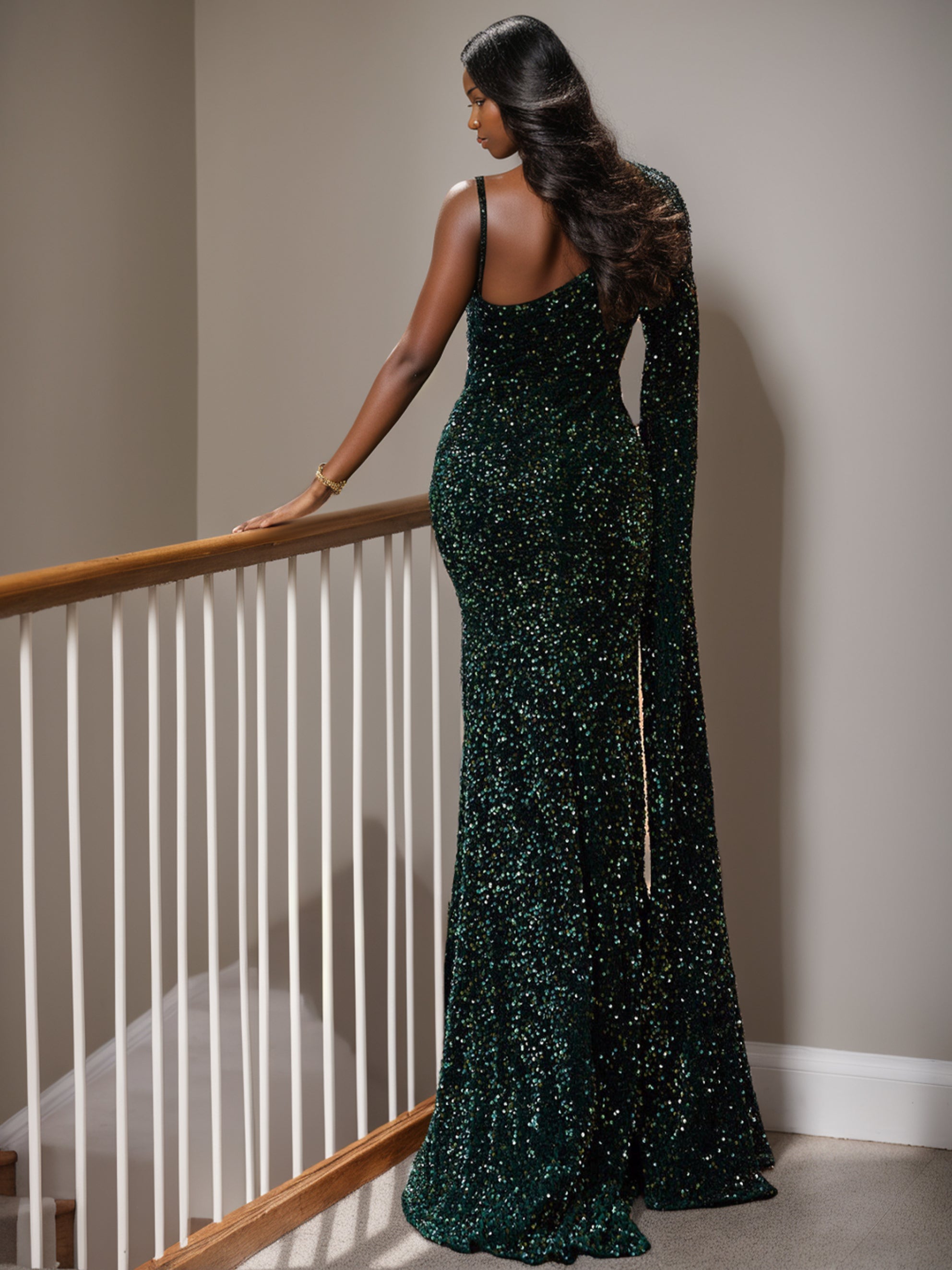 One-Shoulder Floor-length Mermaid/Trumpet Prom Gown with Side Slit & Watteau Train