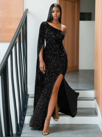 One-Shoulder Floor-length Mermaid/Trumpet Prom Gown with Side Slit & Watteau Train