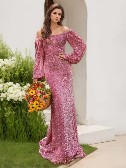 Off-the-Shoulder Long Sleeve Floor-Length Prom Gown with Sequins