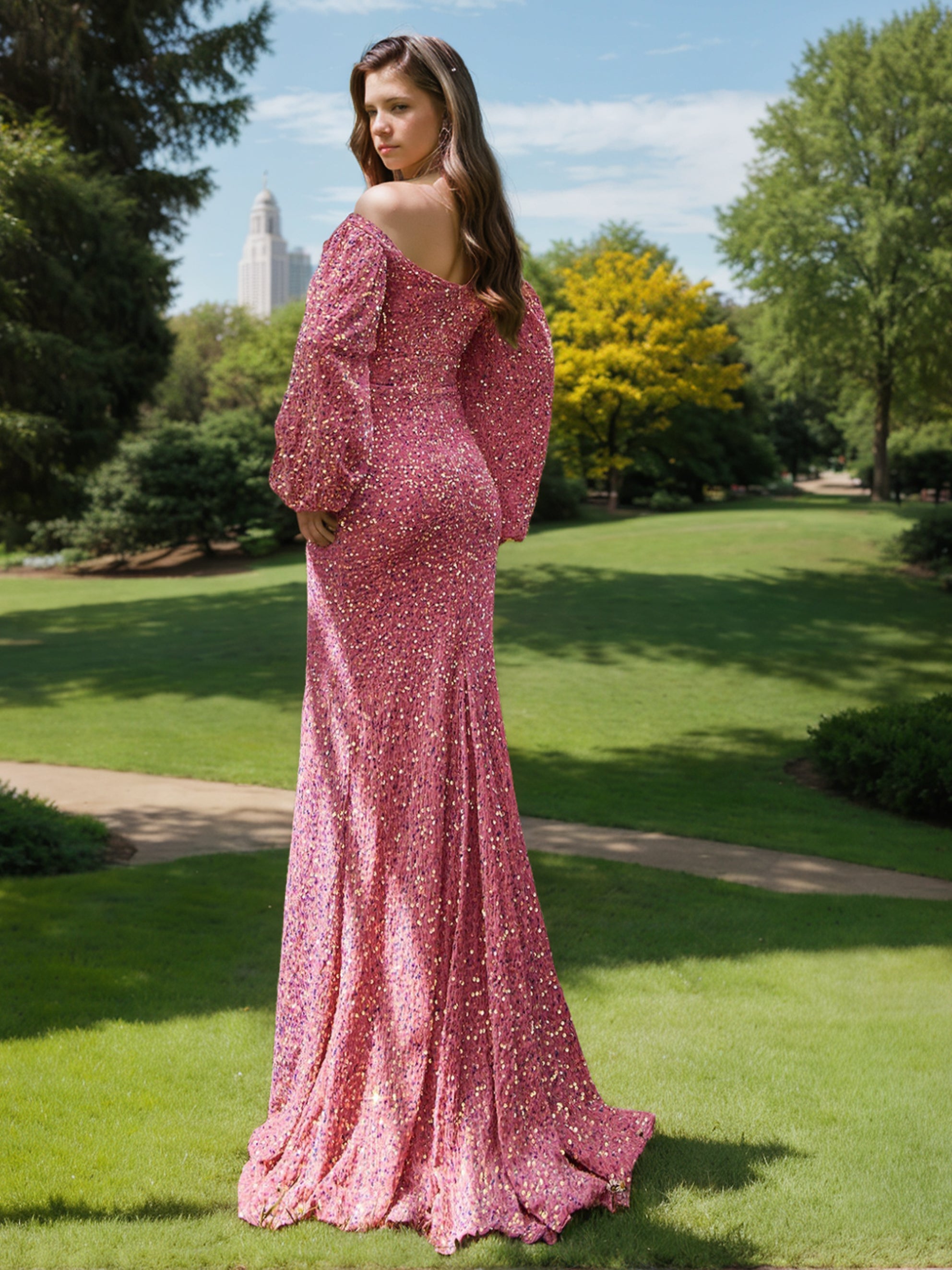 Off-the-Shoulder Long Sleeve Floor-Length Prom Gown with Sequins