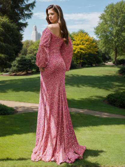 Off-the-Shoulder Long Sleeve Floor-Length Prom Gown with Sequins