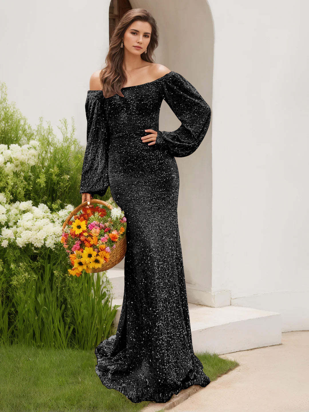 Off-the-Shoulder Long Sleeve Floor-Length Prom Gown with Sequins