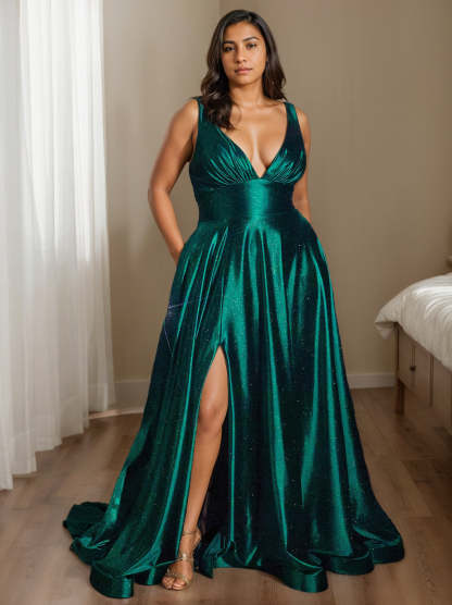 V-Neck Sleeveless A-Line Princess Floor-Length Evening Dress with Side Split
