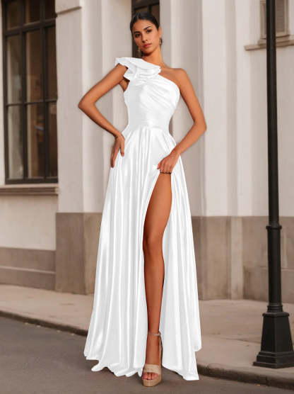 One-Shoulder A-Line Princess Floor-Length Prom Dress with Ruffles and Sleeveless Design