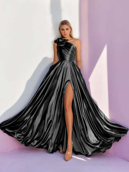 One-Shoulder Sleeveless A-Line Floor-Length Prom Dress with Ruffles