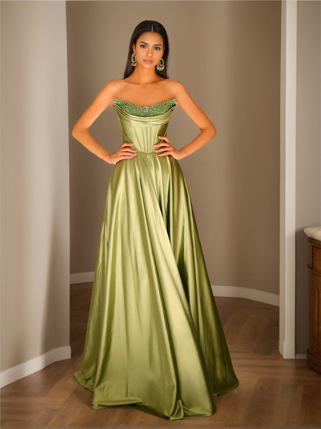 Strapless Sleeveless A-Line Princess Floor-Length Evening Dress with Sequins