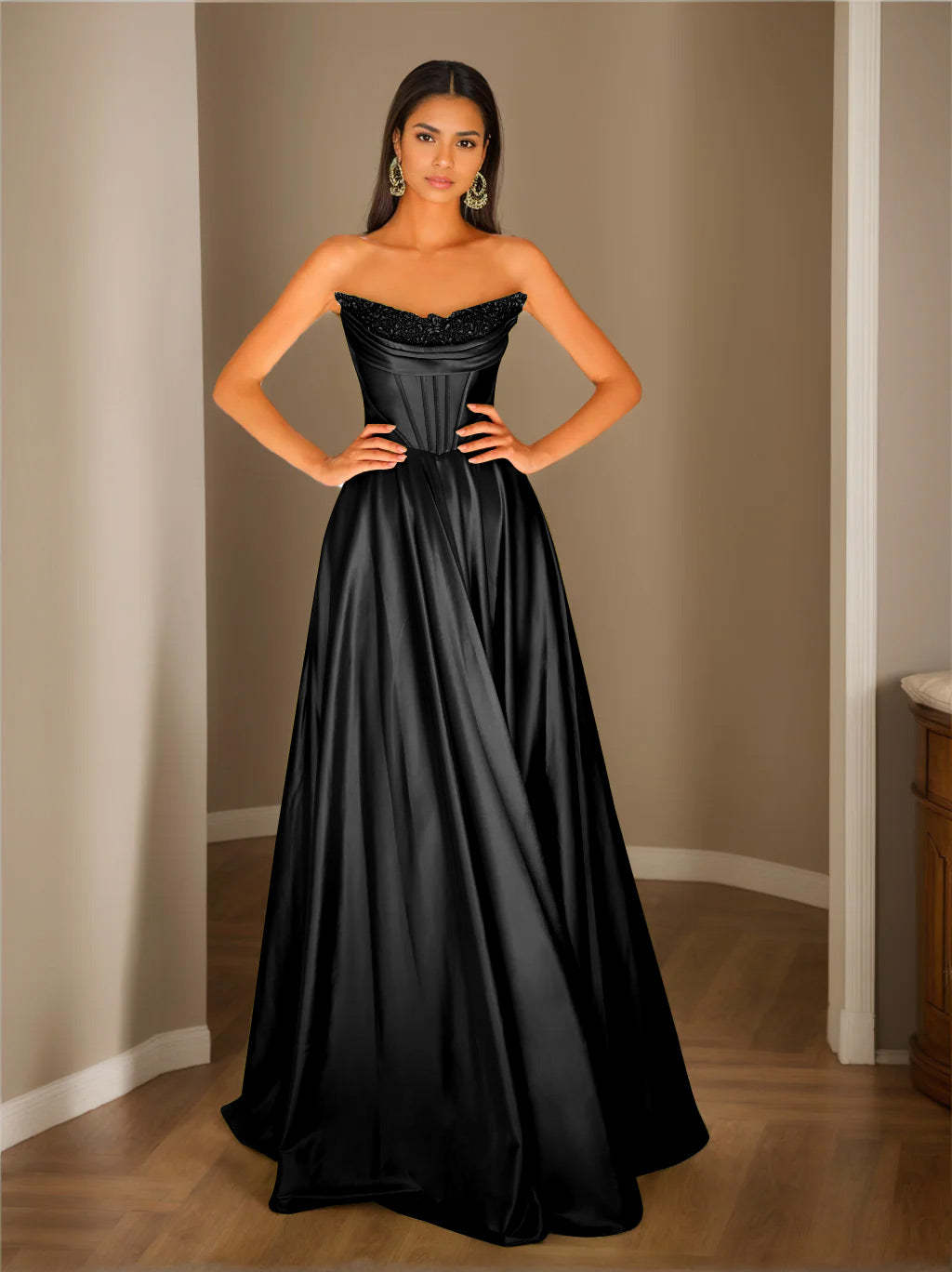 Strapless Sleeveless A-Line Princess Floor-Length Evening Dress with Sequins