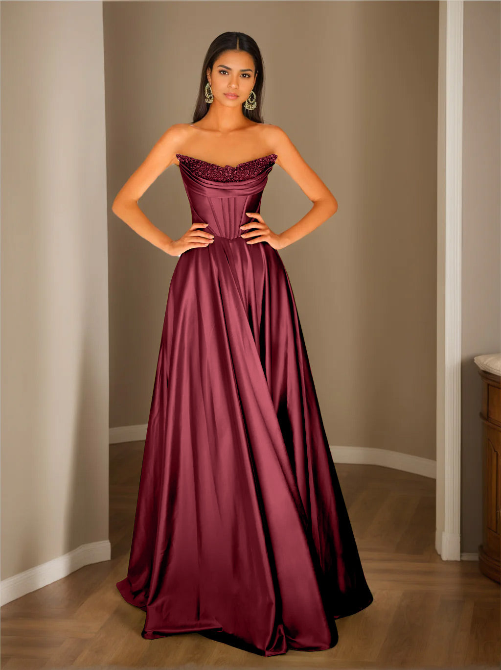 Strapless Sleeveless A-Line Princess Floor-Length Evening Dress with Sequins