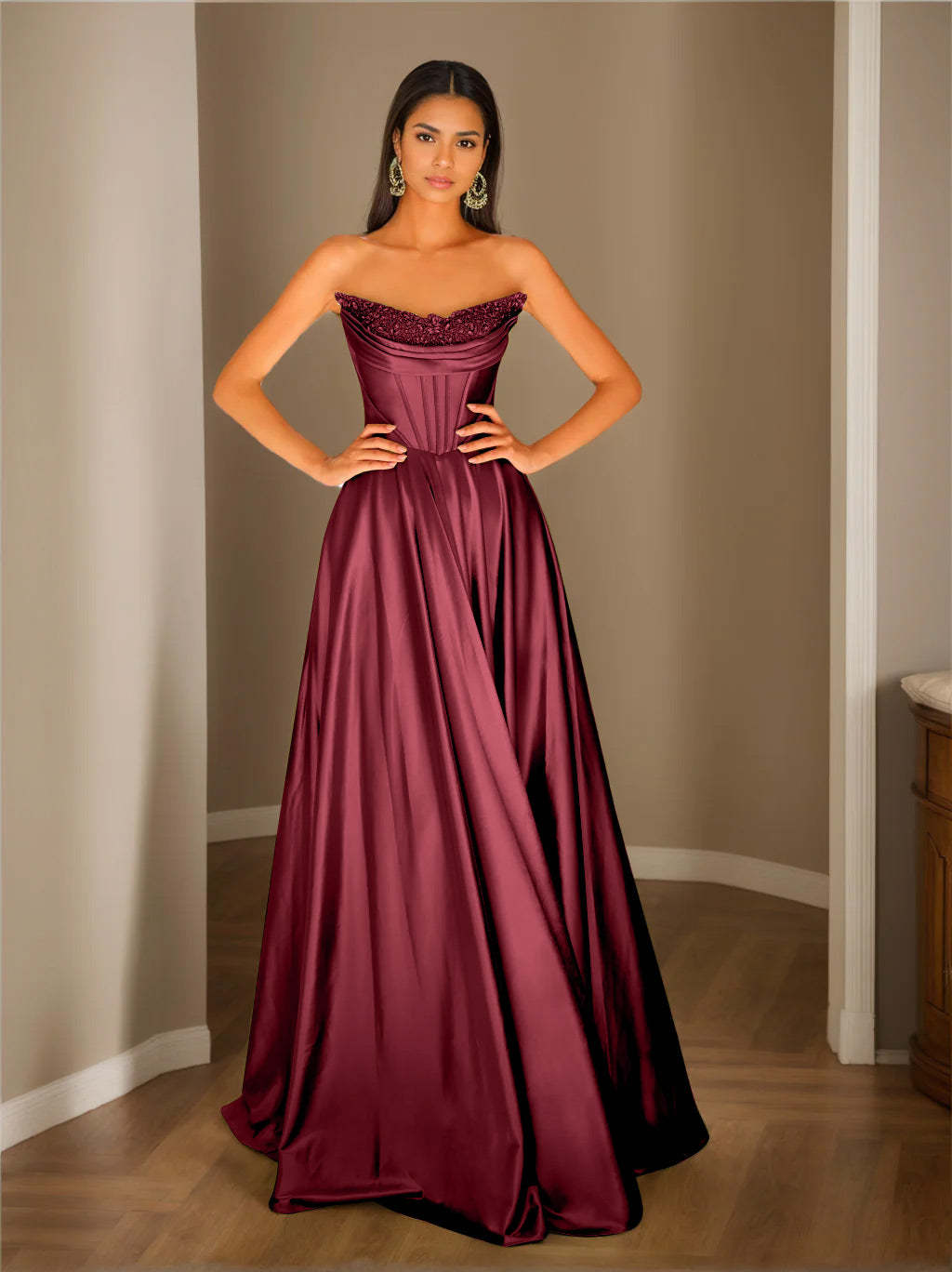 Strapless Sleeveless A-Line Princess Floor-Length Evening Dress with Sequins