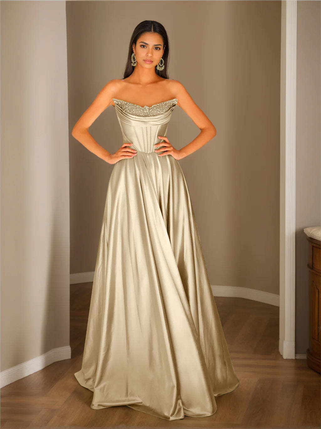 Strapless Sleeveless A-Line Princess Floor-Length Evening Dress with Sequins