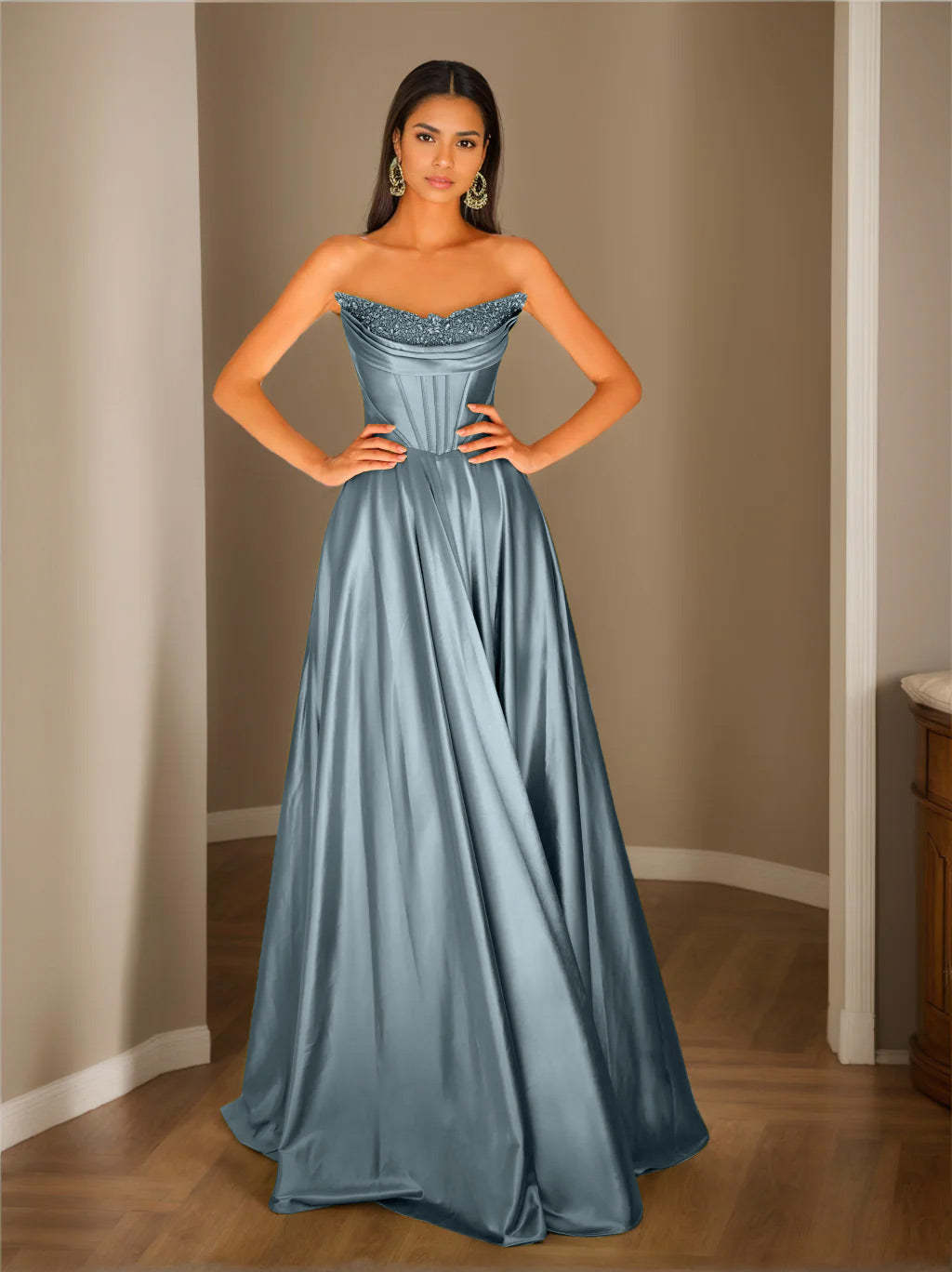 Strapless Sleeveless A-Line Princess Floor-Length Evening Dress with Sequins