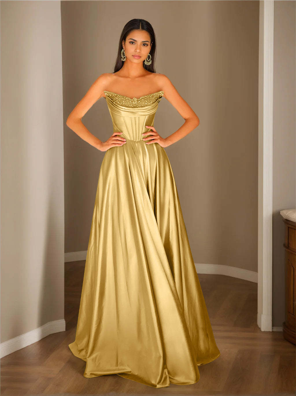 Strapless Sleeveless A-Line Princess Floor-Length Evening Dress with Sequins