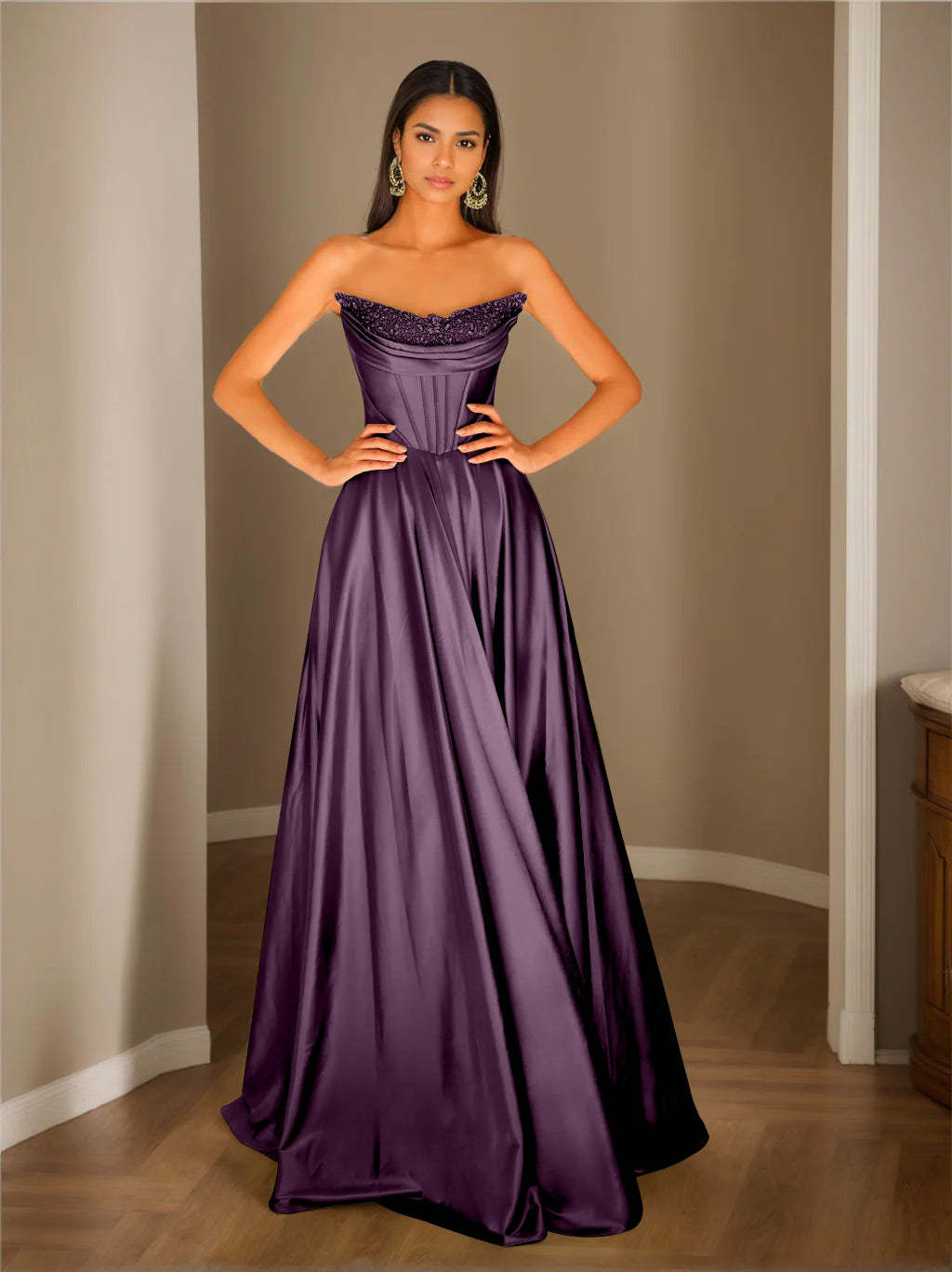 Strapless Sleeveless A-Line Princess Floor-Length Evening Dress with Sequins