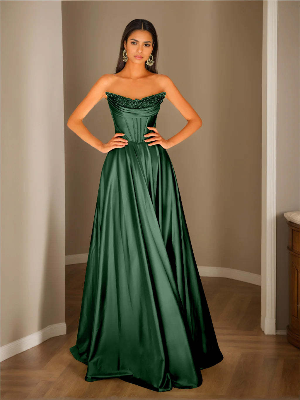 Strapless Sleeveless A-Line Princess Floor-Length Evening Dress with Sequins