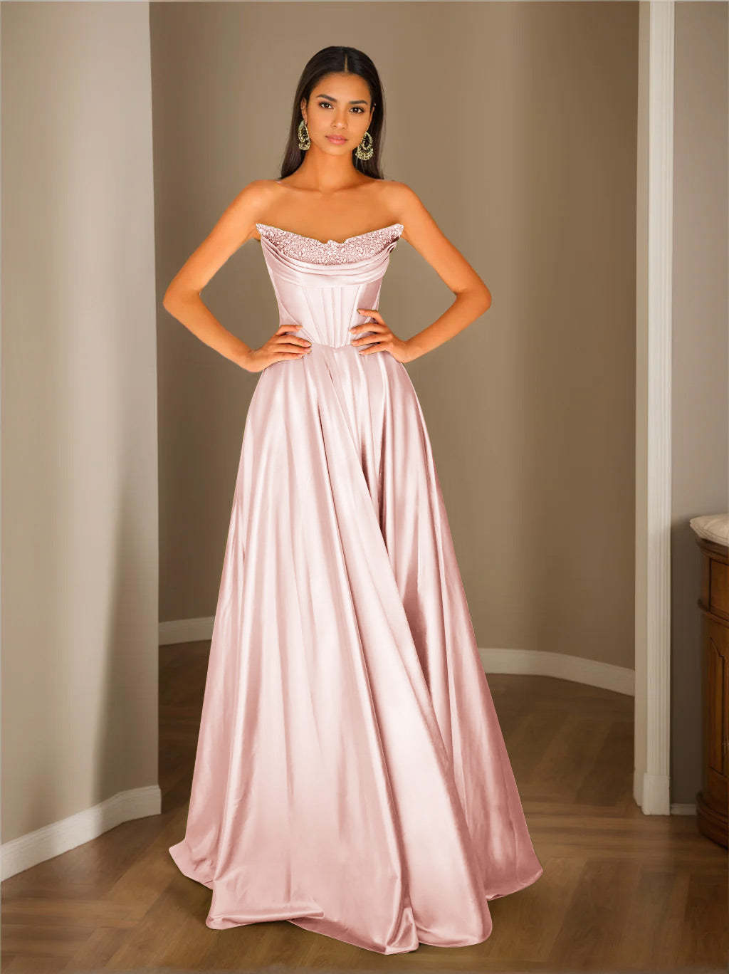 Strapless Sleeveless A-Line Princess Floor-Length Evening Dress with Sequins