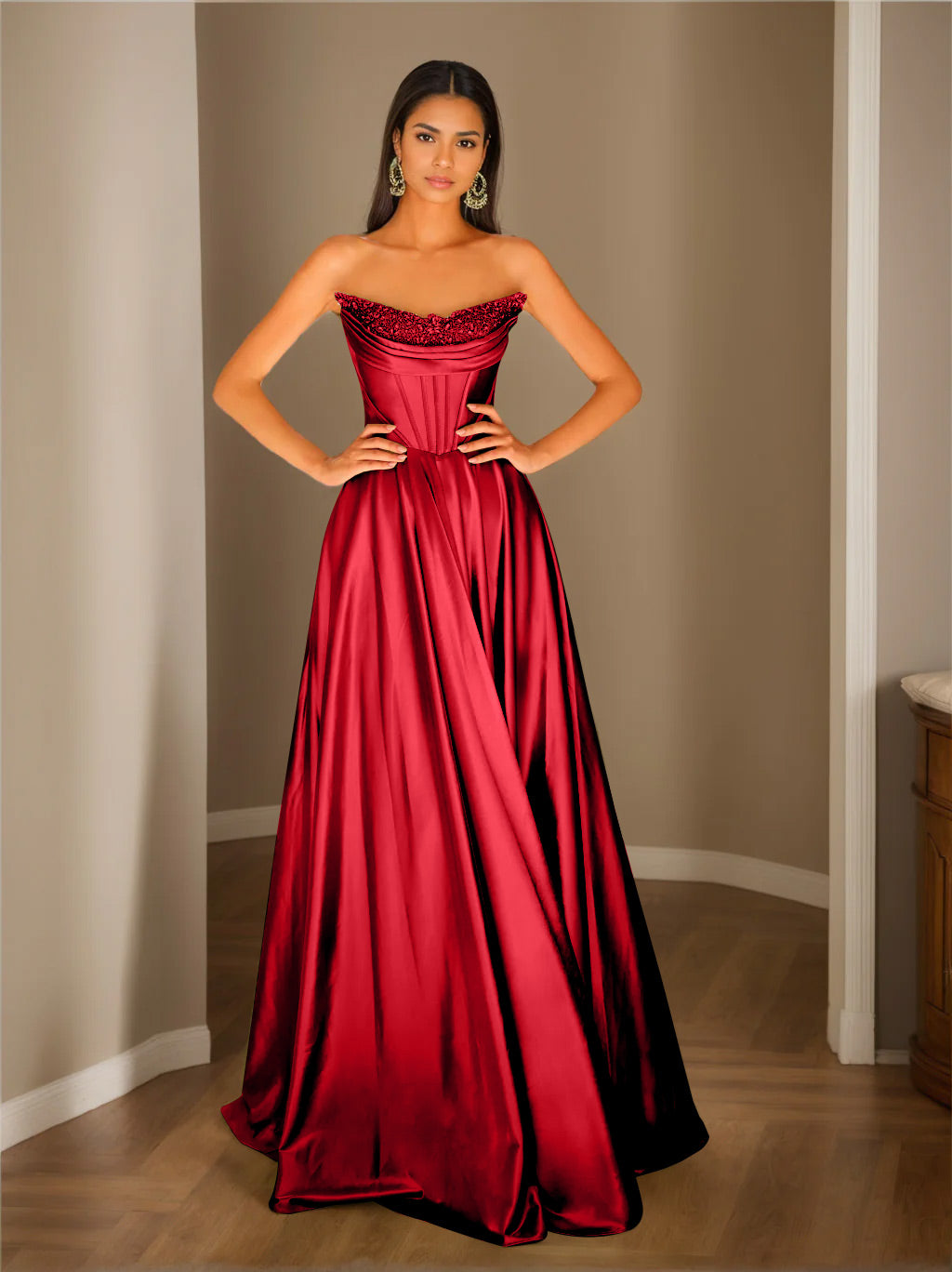 Strapless Sleeveless A-Line Princess Floor-Length Evening Dress with Sequins