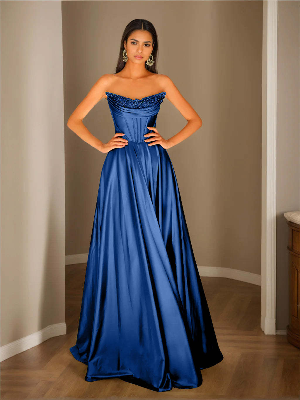 Strapless Sleeveless A-Line Princess Floor-Length Evening Dress with Sequins