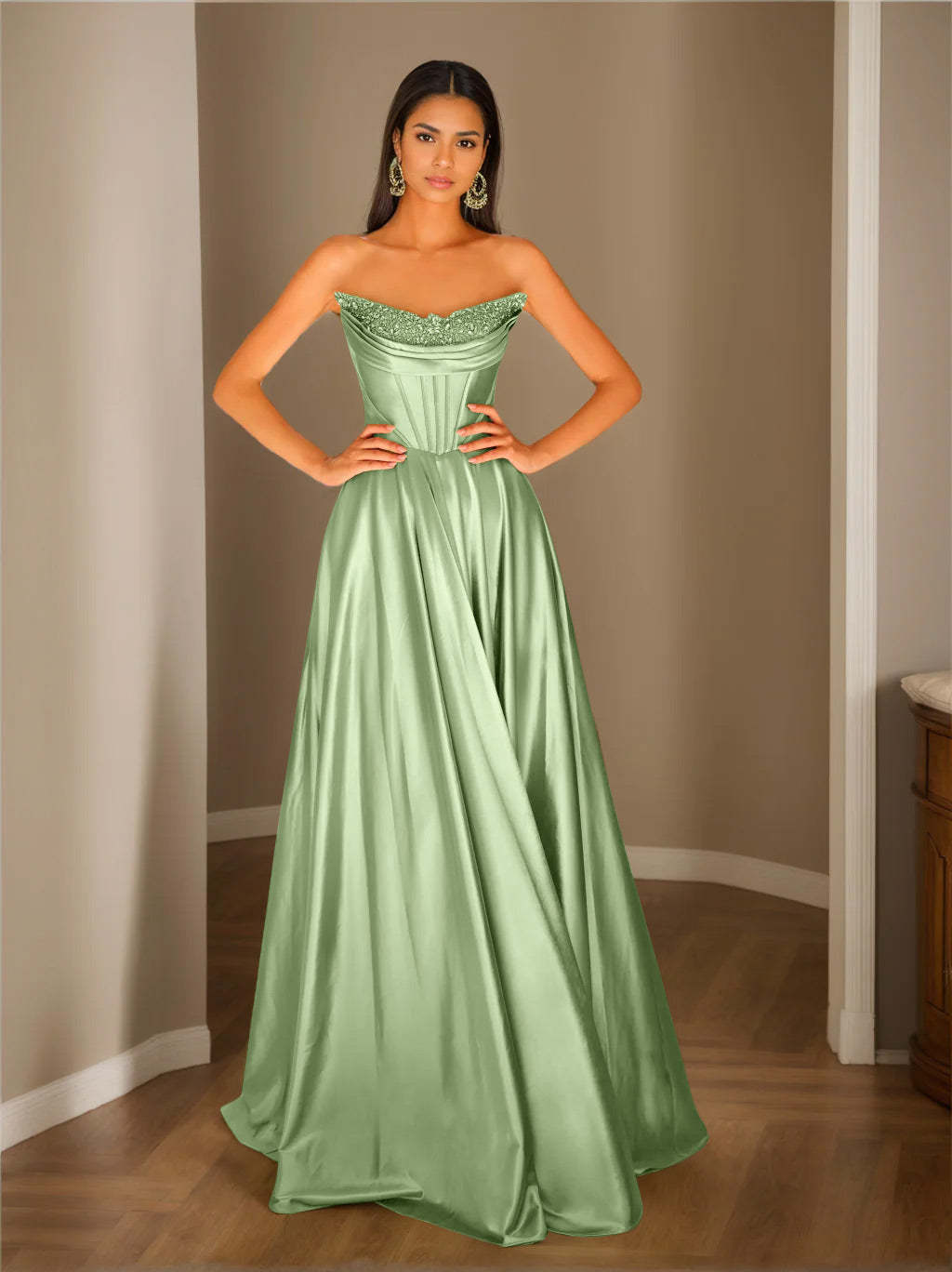 Strapless Sleeveless A-Line Princess Floor-Length Evening Dress with Sequins