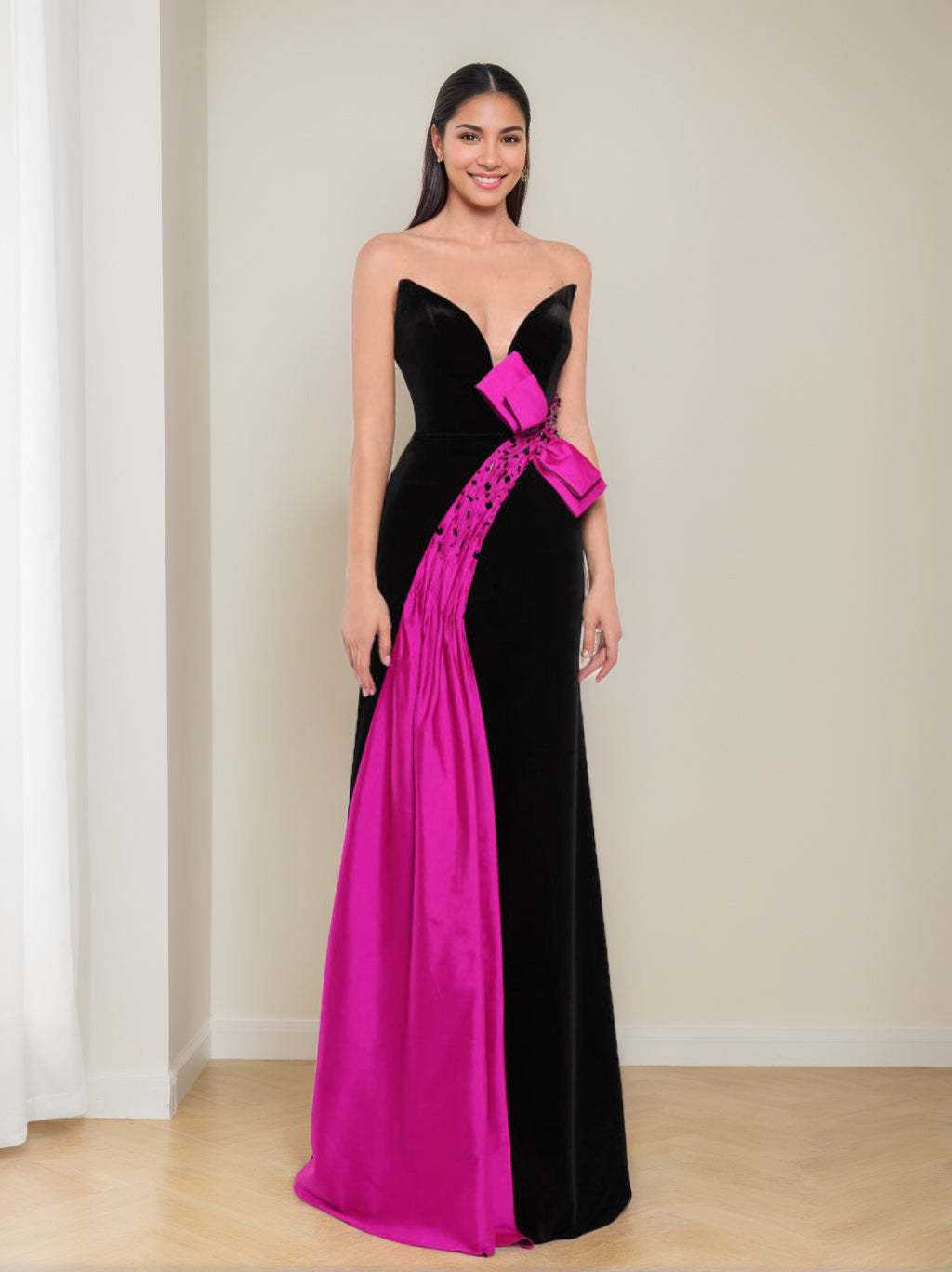 V-Neck Sleeveless Floor-Length Sheath/Column Prom Dress With Bowknot