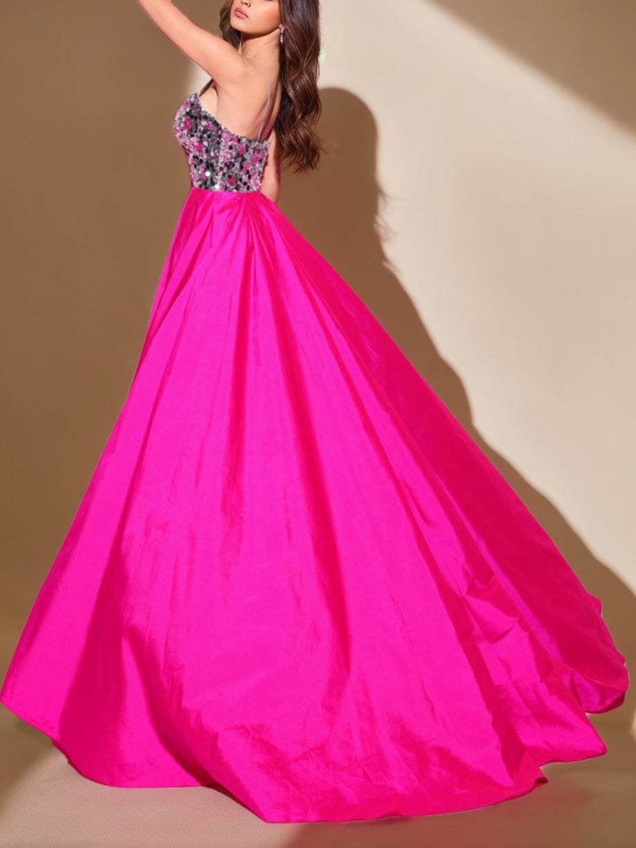 Princess A-Line Spaghetti Strap Floor-Length Pleated Evening Dress with Side Split