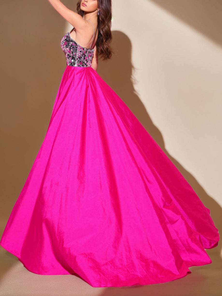 Princess A-Line Spaghetti Strap Floor-Length Pleated Evening Dress with Side Split