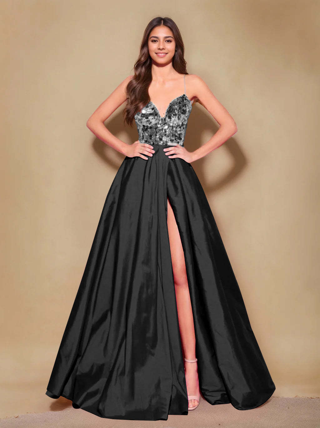 Princess A-Line Spaghetti Strap Floor-Length Pleated Evening Dress with Side Split