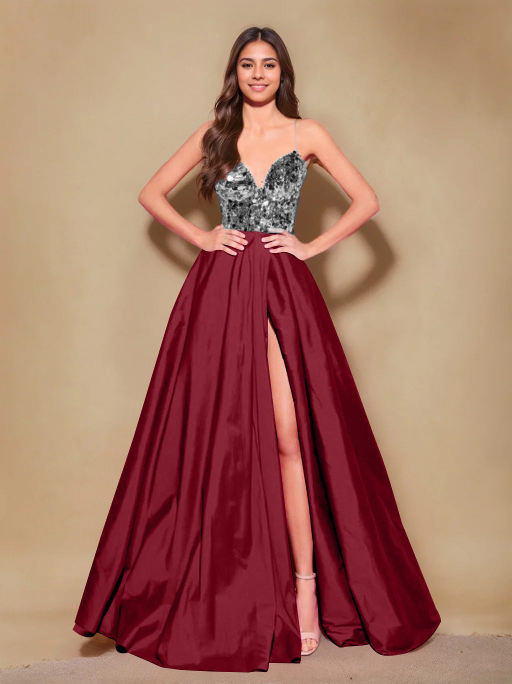 Princess A-Line Spaghetti Strap Floor-Length Pleated Evening Dress with Side Split