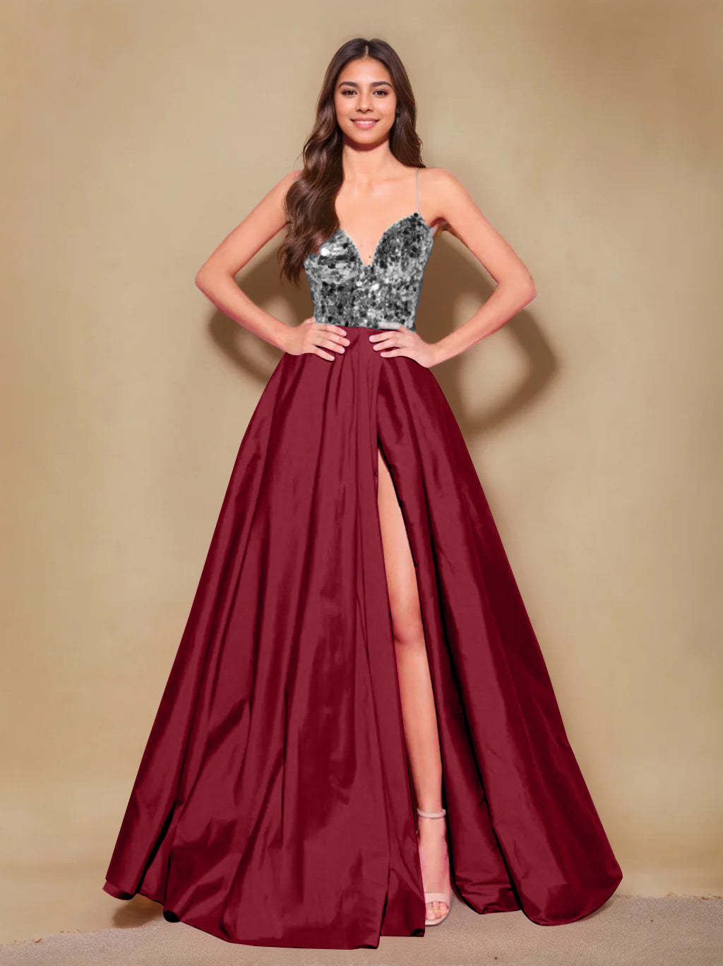 Princess A-Line Spaghetti Strap Floor-Length Pleated Evening Dress with Side Split