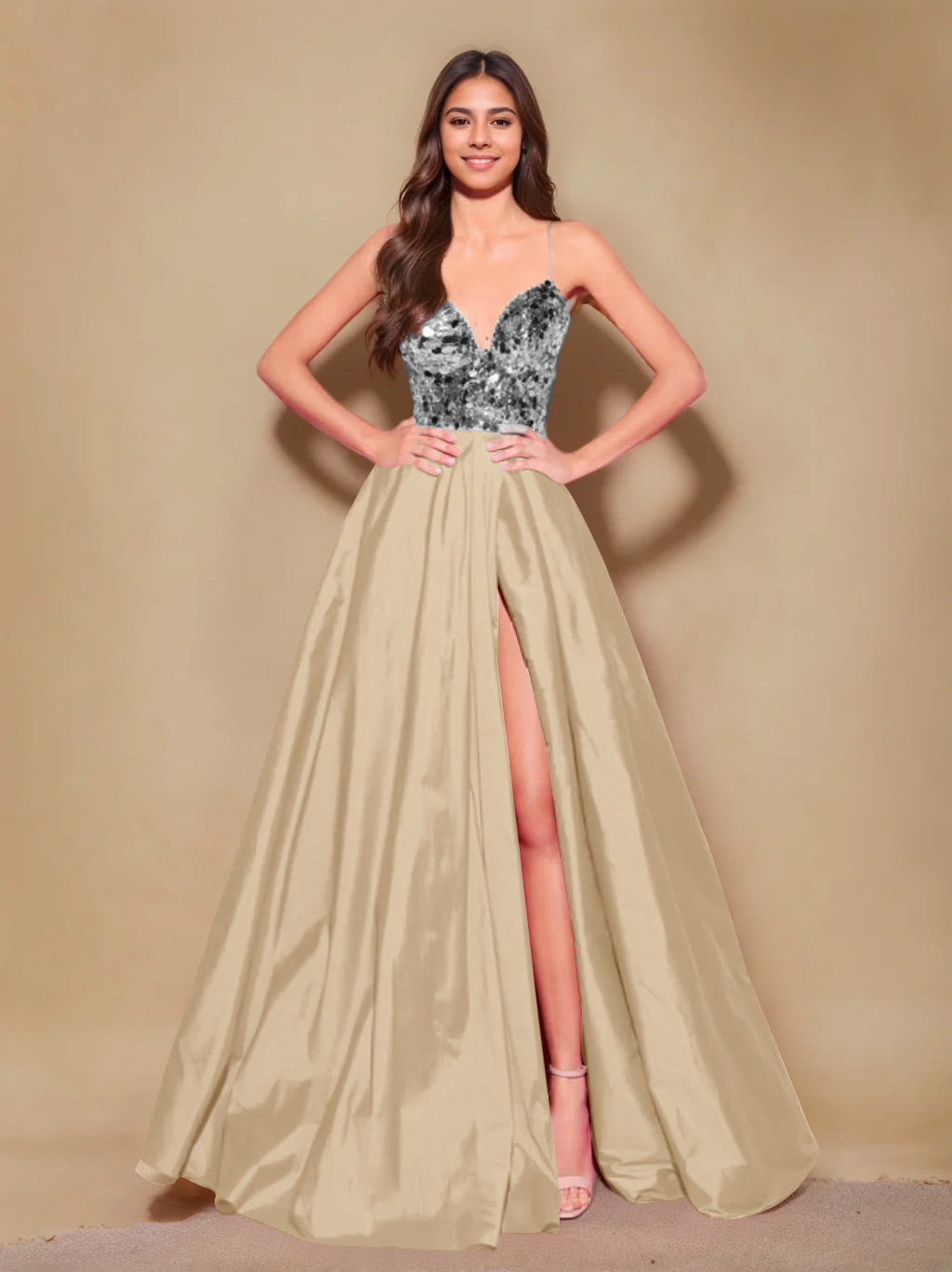 Princess A-Line Spaghetti Strap Floor-Length Pleated Evening Dress with Side Split