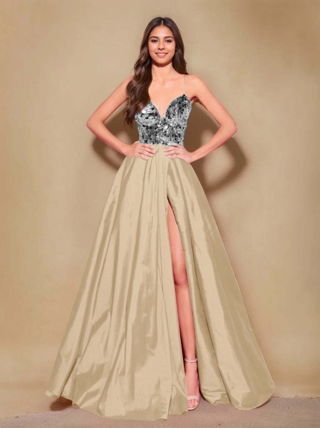 Princess A-Line Spaghetti Strap Floor-Length Pleated Evening Dress with Side Split