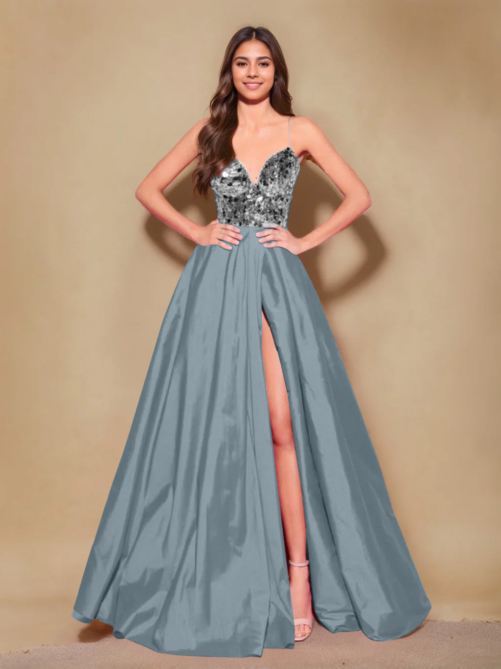 Princess A-Line Spaghetti Strap Floor-Length Pleated Evening Dress with Side Split