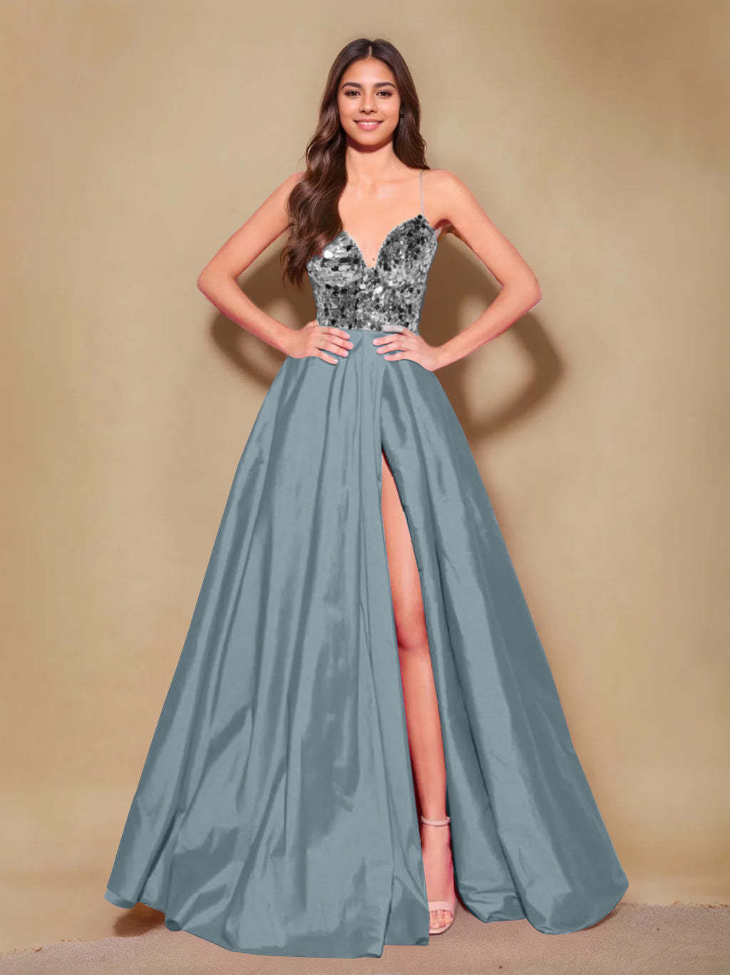 Princess A-Line Spaghetti Strap Floor-Length Pleated Evening Dress with Side Split