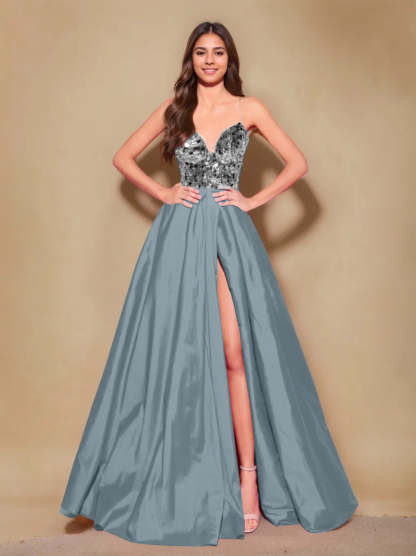 Princess A-Line Spaghetti Strap Floor-Length Pleated Evening Dress with Side Split