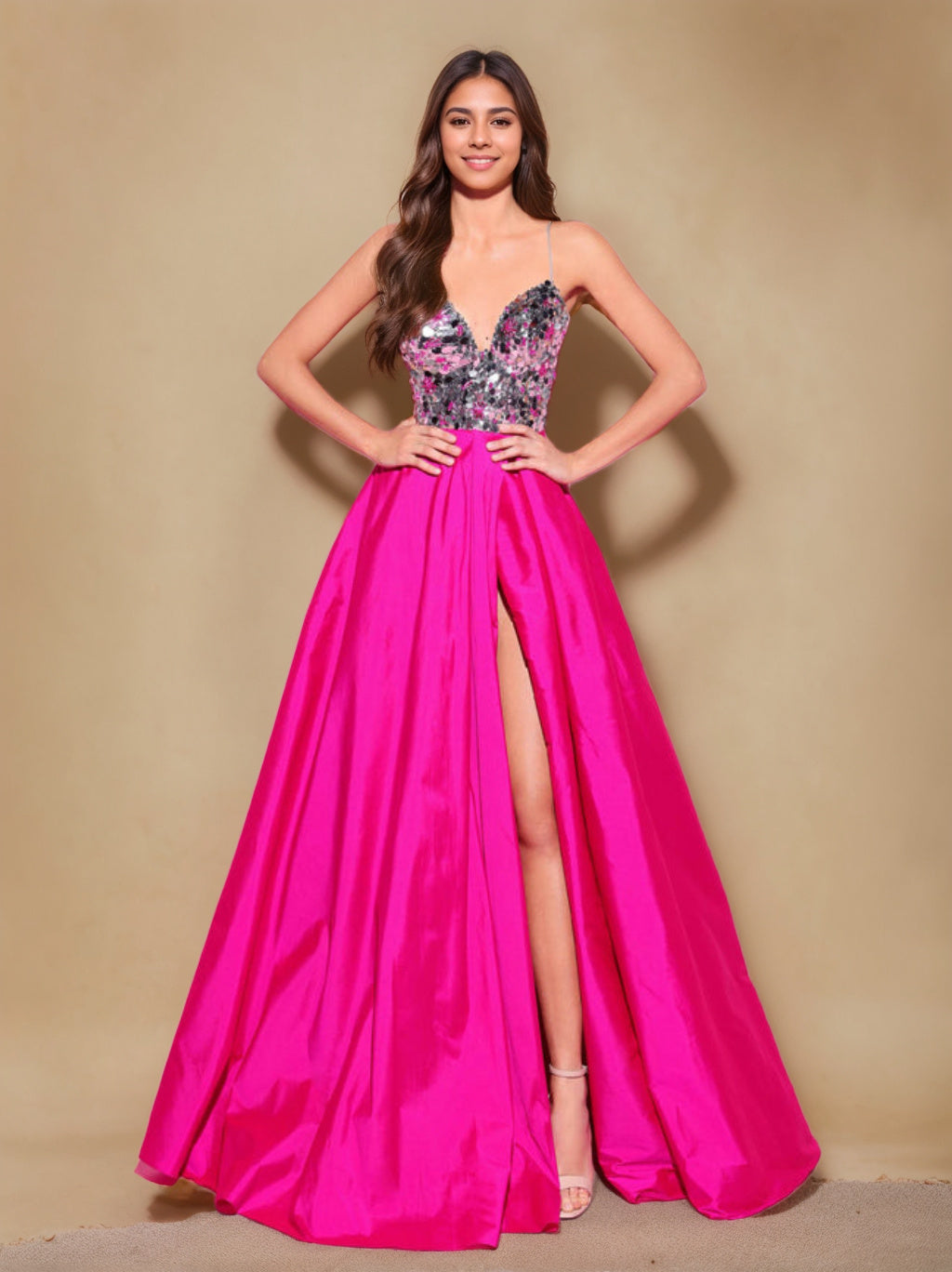 Princess A-Line Spaghetti Strap Floor-Length Pleated Evening Dress with Side Split