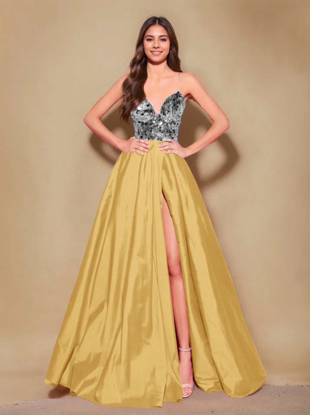 Princess A-Line Spaghetti Strap Floor-Length Pleated Evening Dress with Side Split