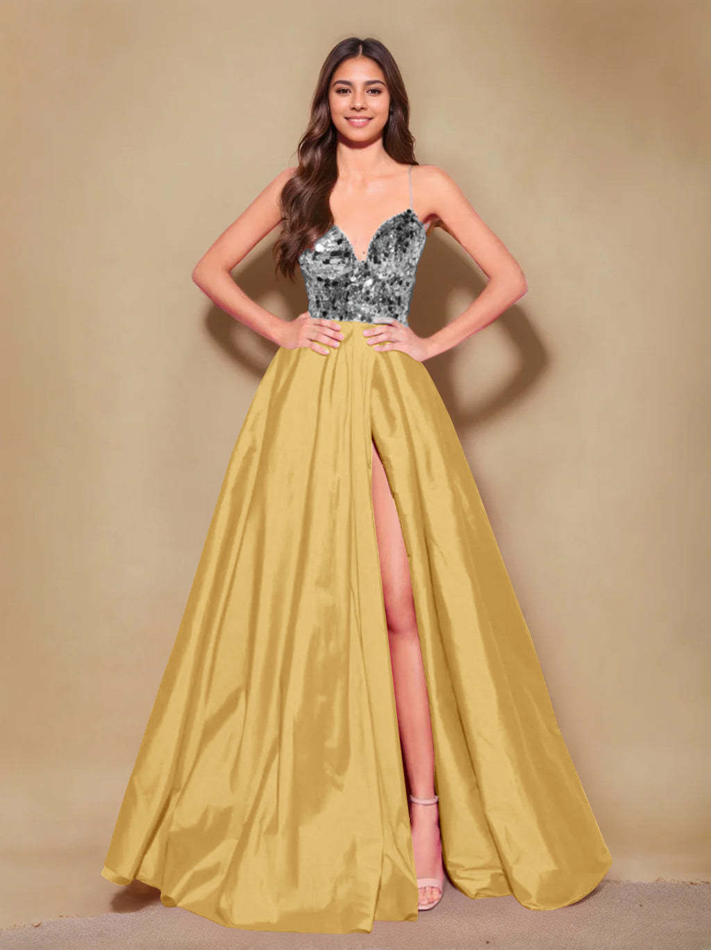 Princess A-Line Spaghetti Strap Floor-Length Pleated Evening Dress with Side Split
