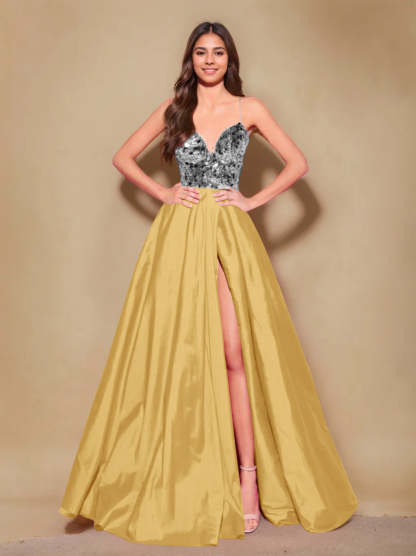 Princess A-Line Spaghetti Strap Floor-Length Pleated Evening Dress with Side Split